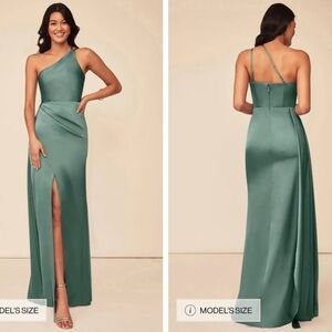 Azazie Eucalyptus A-Line One Shoulder Stretch Satin Dress